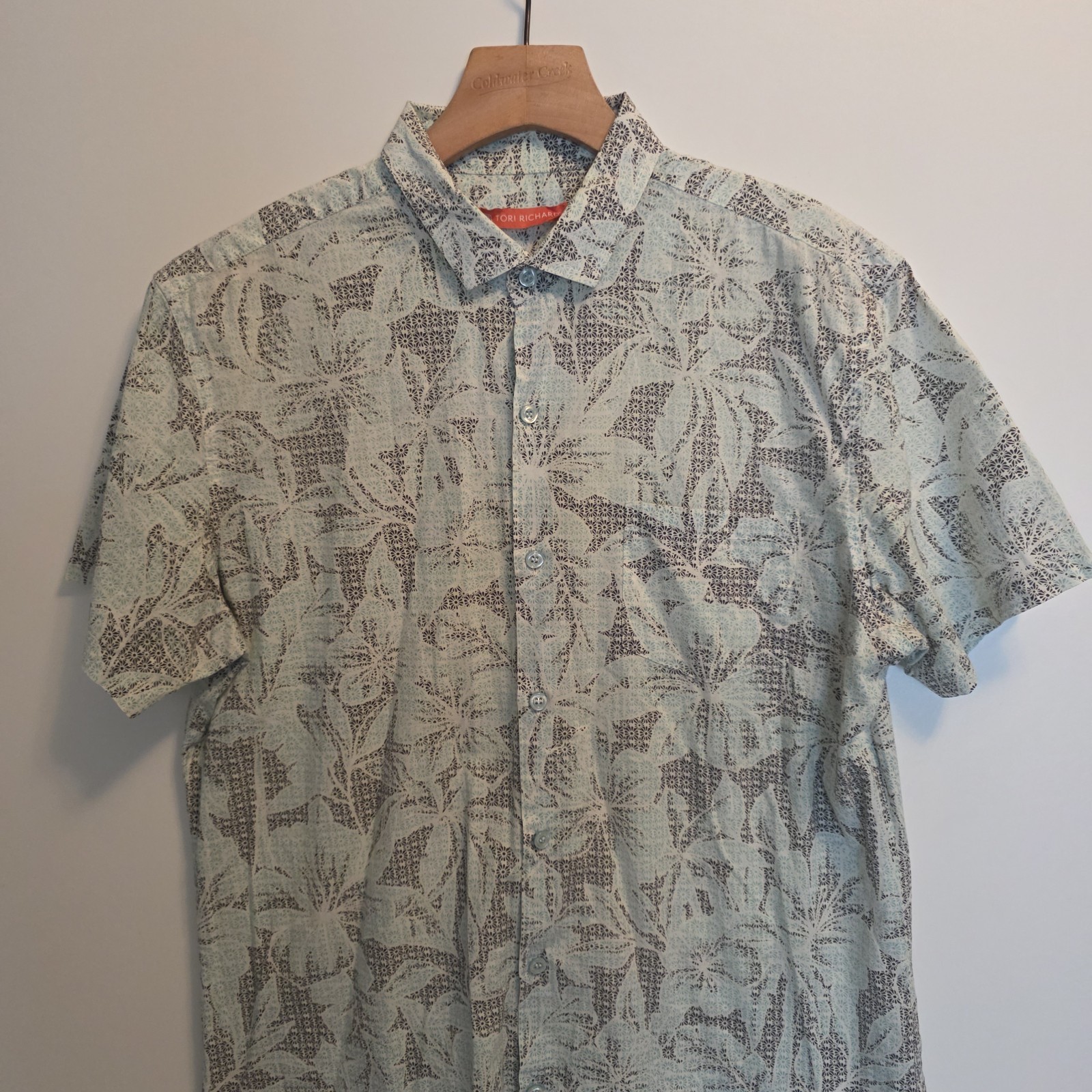 Tori Richard Hawaiian Shirt Tropical Floral Cruise Blue Cotton Lawn Mens Medium
