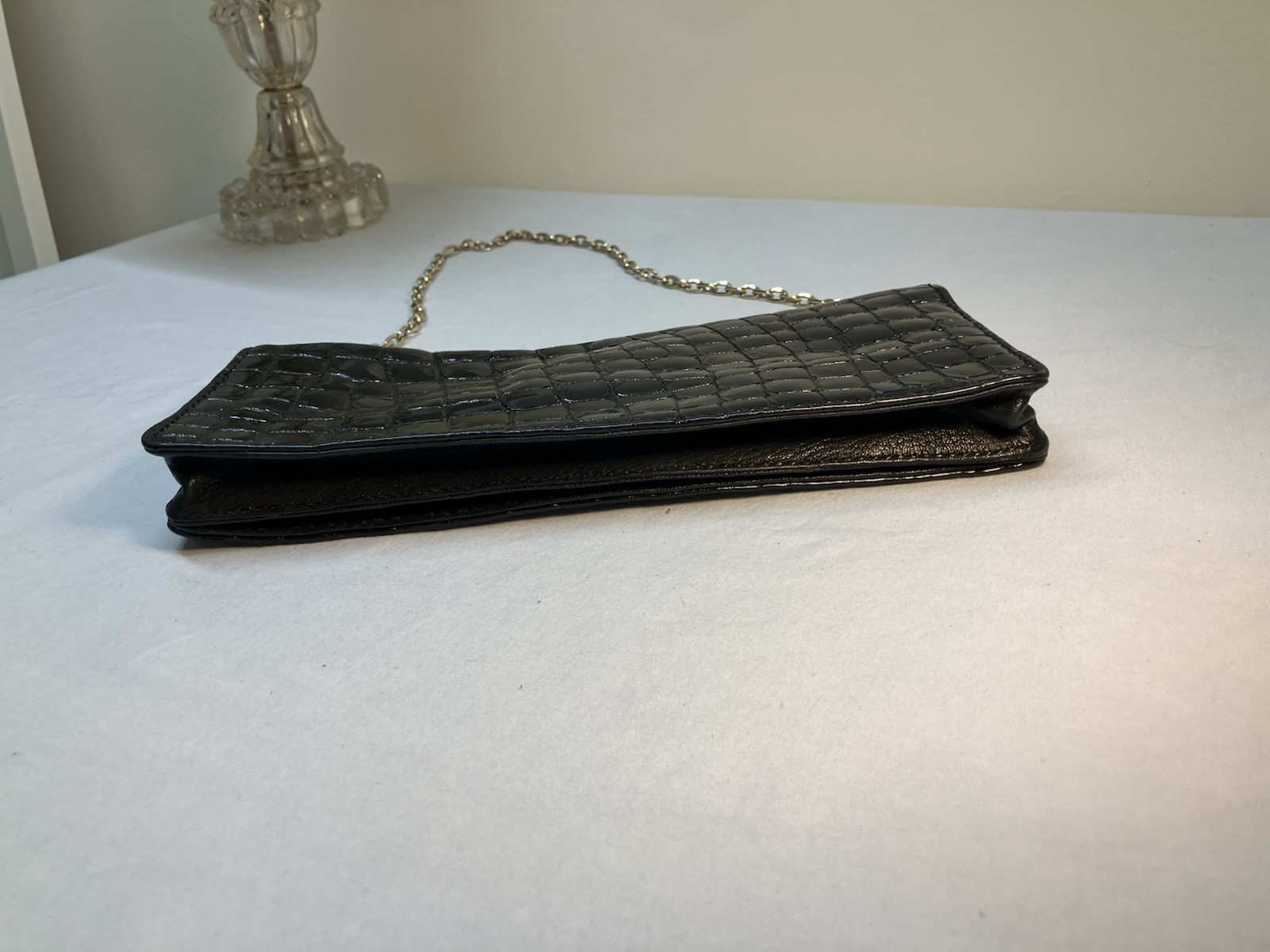 Y2K Antonio Melani Black Patent Leather Clutch bag Crocodile Embossed Gold Chain