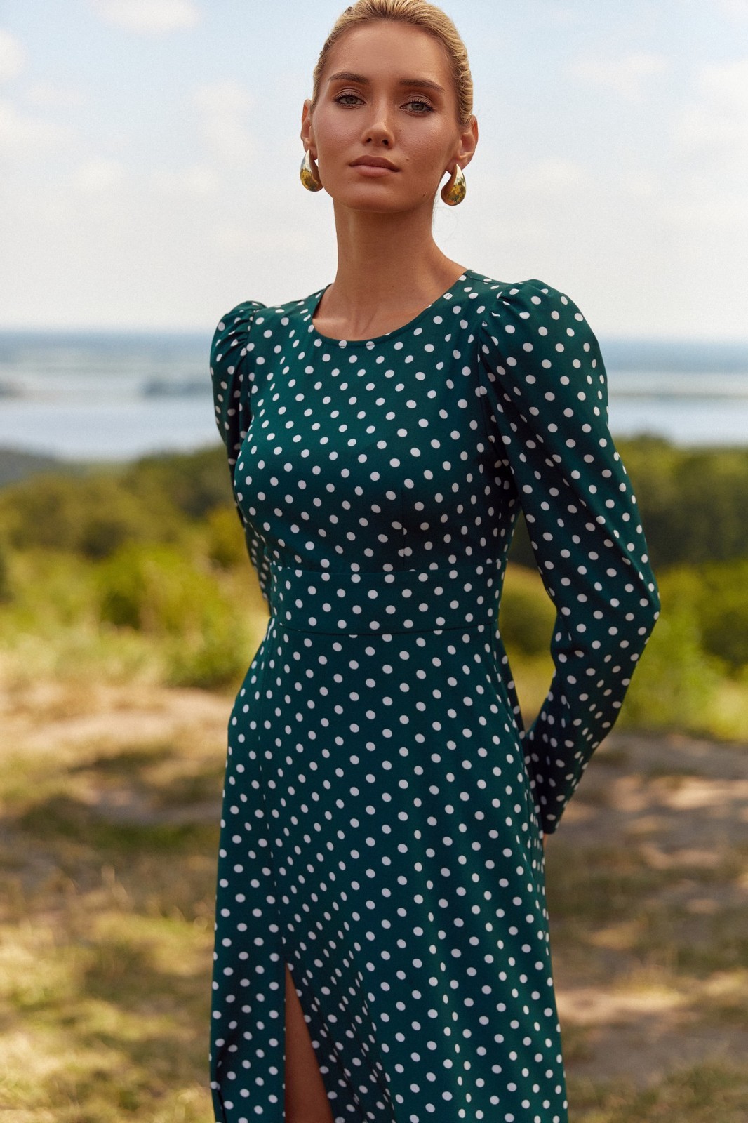 Green Emerald Polka Dot Midi Dress by FemeAdor – Size (XS) – Made in Ukraine