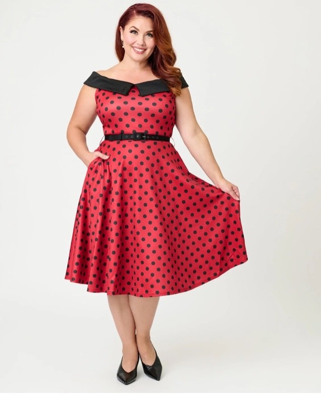 UNIQUE VINTAGE RED & BLACK DOT OFF THE SHOULDER SWING DRESS – NEW – REG & PLUS