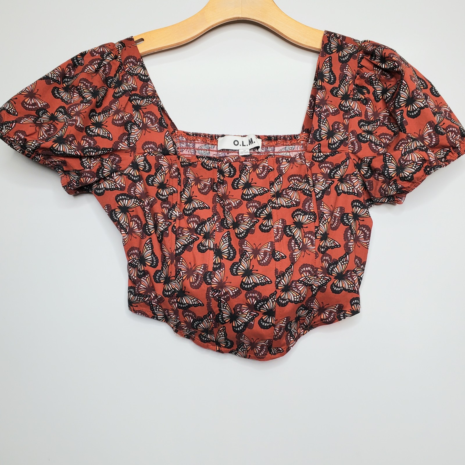 O.L.M. Butterfly Corset Puff Sleeve Cropped Top Blouse Rust Size Small