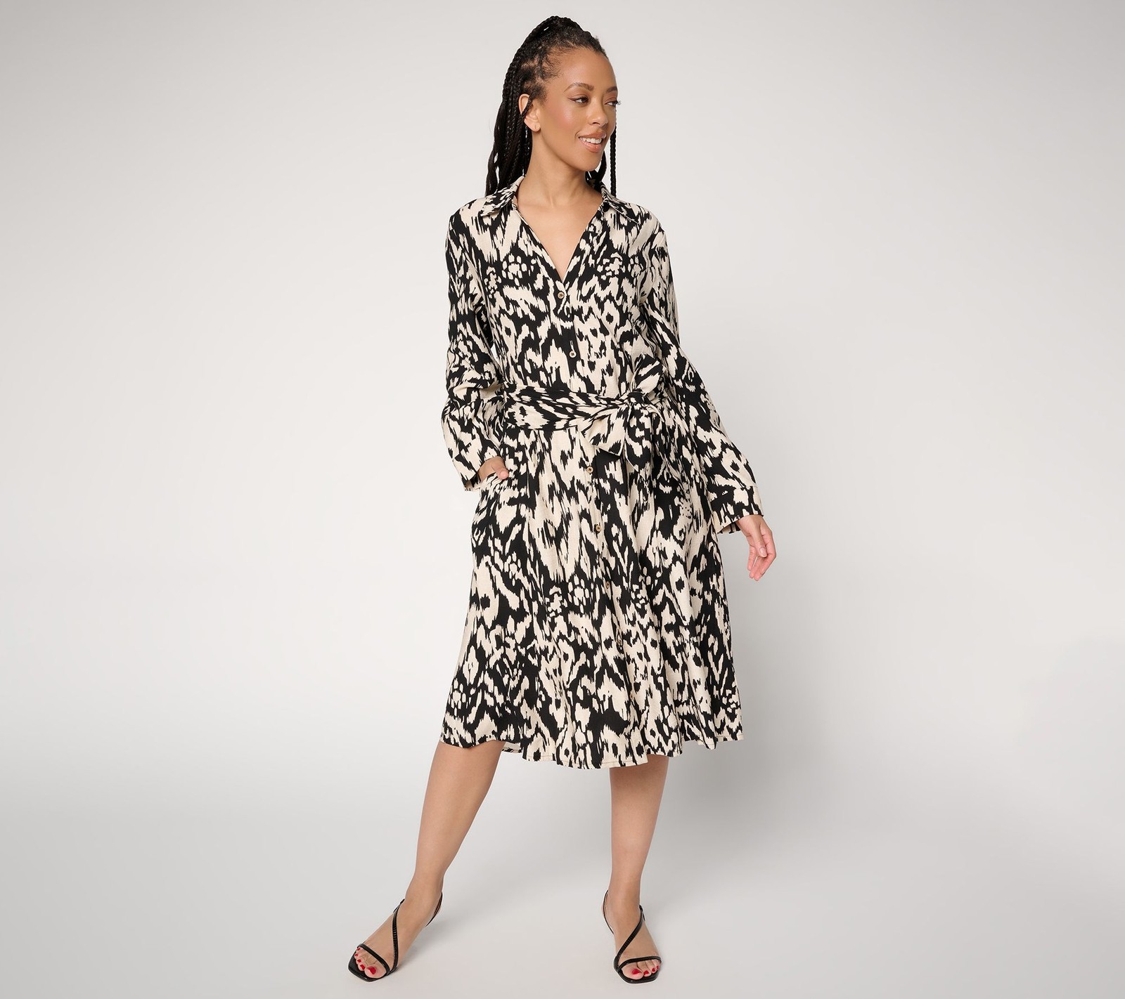 Dennis Basso Petite Drapy Ikat Button Front Shirt Dress Black/Ecru M New