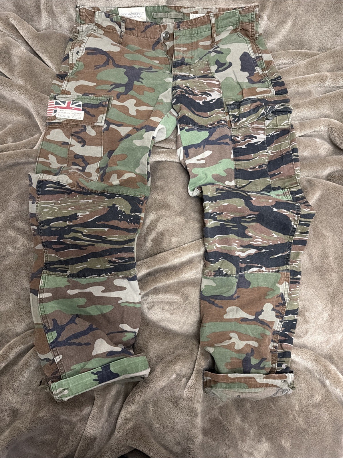 Polo Ralph Lauren Denim Supply USA Flag Camo Cargo Military Patchwork Pants 32