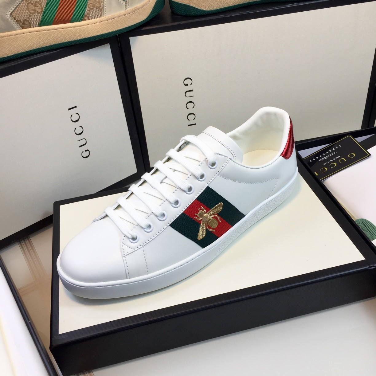 Men Gucci Ace White Leather Green Red Snake Heel Gold Bee Designer Sneaker