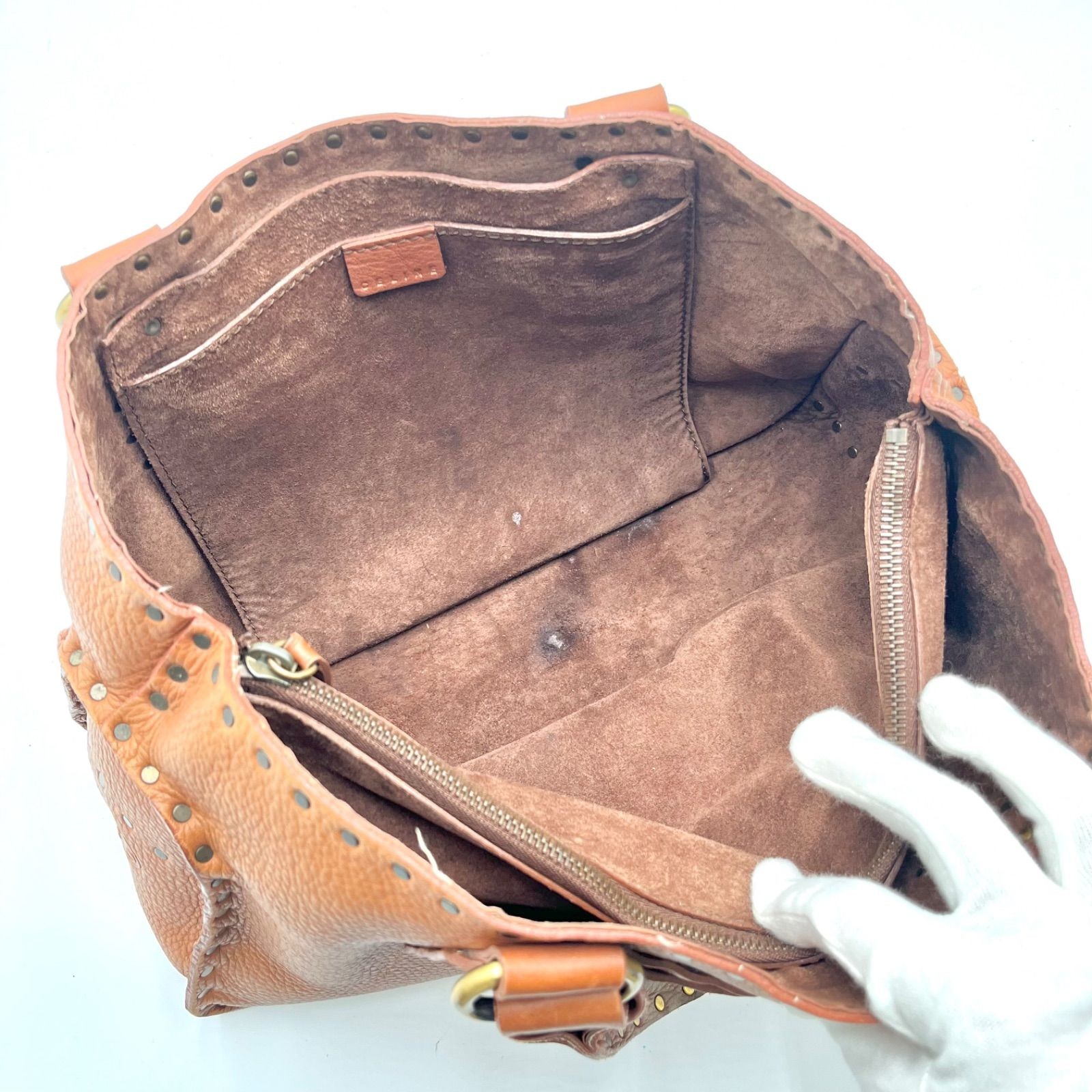 Auth Celine Boogie Bag Y2K Studded Leather Handbag, Brown 2Y9364