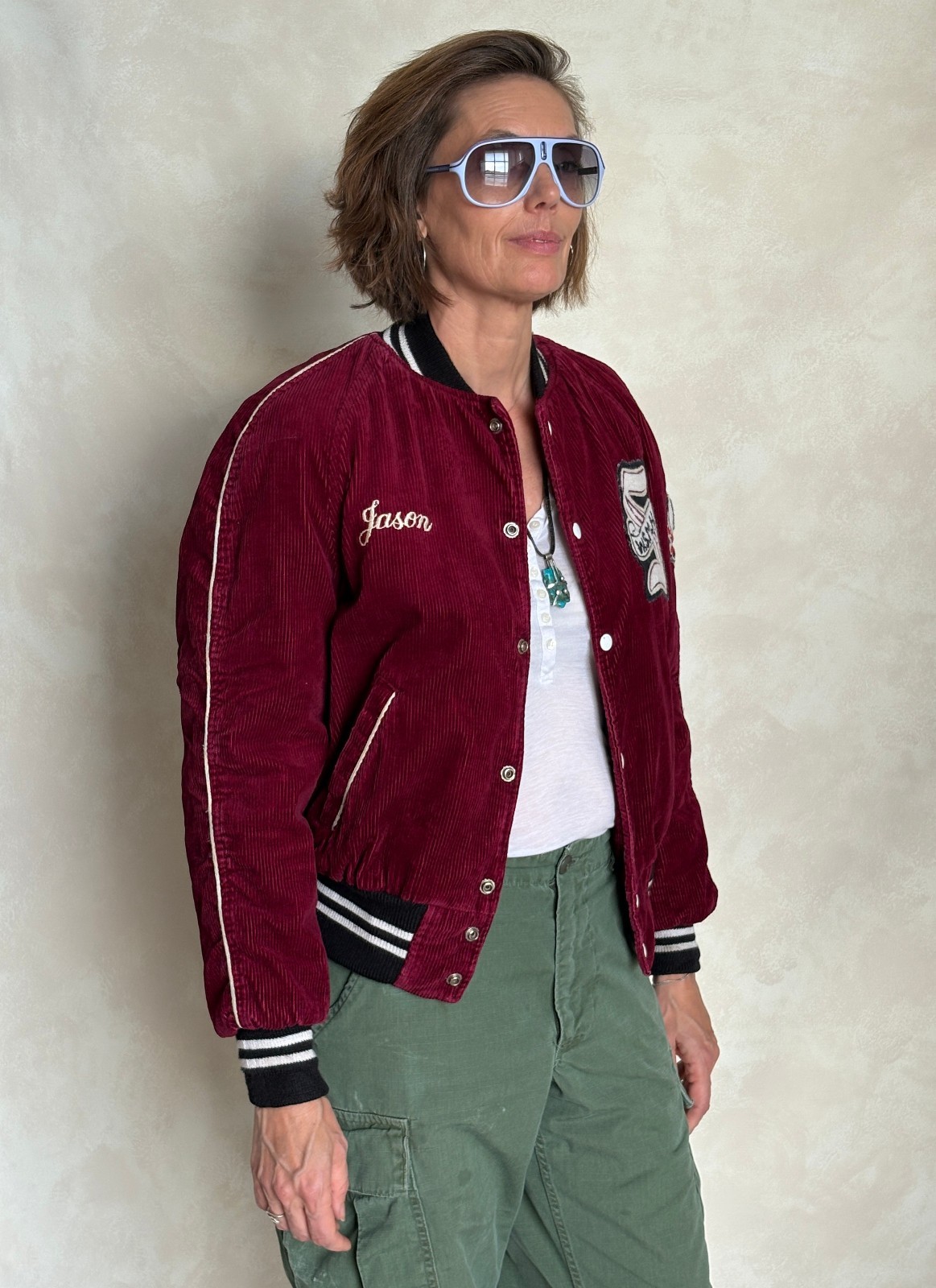Size 34US / 44EU. Corduroy 70s varsity hockey jacket Made in Canada