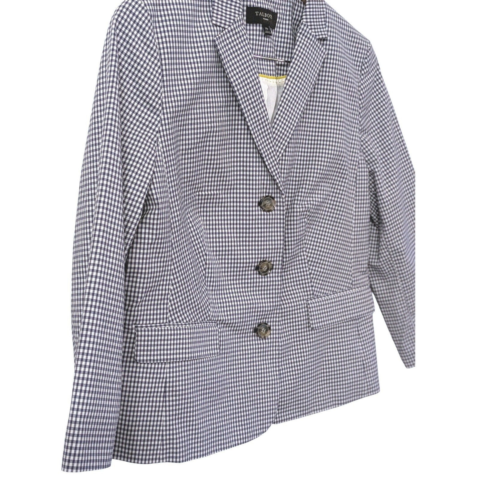 Talbots Petites Navy Blue White Gingham 3-Button Blazer Jacket 14P Cotton Blend