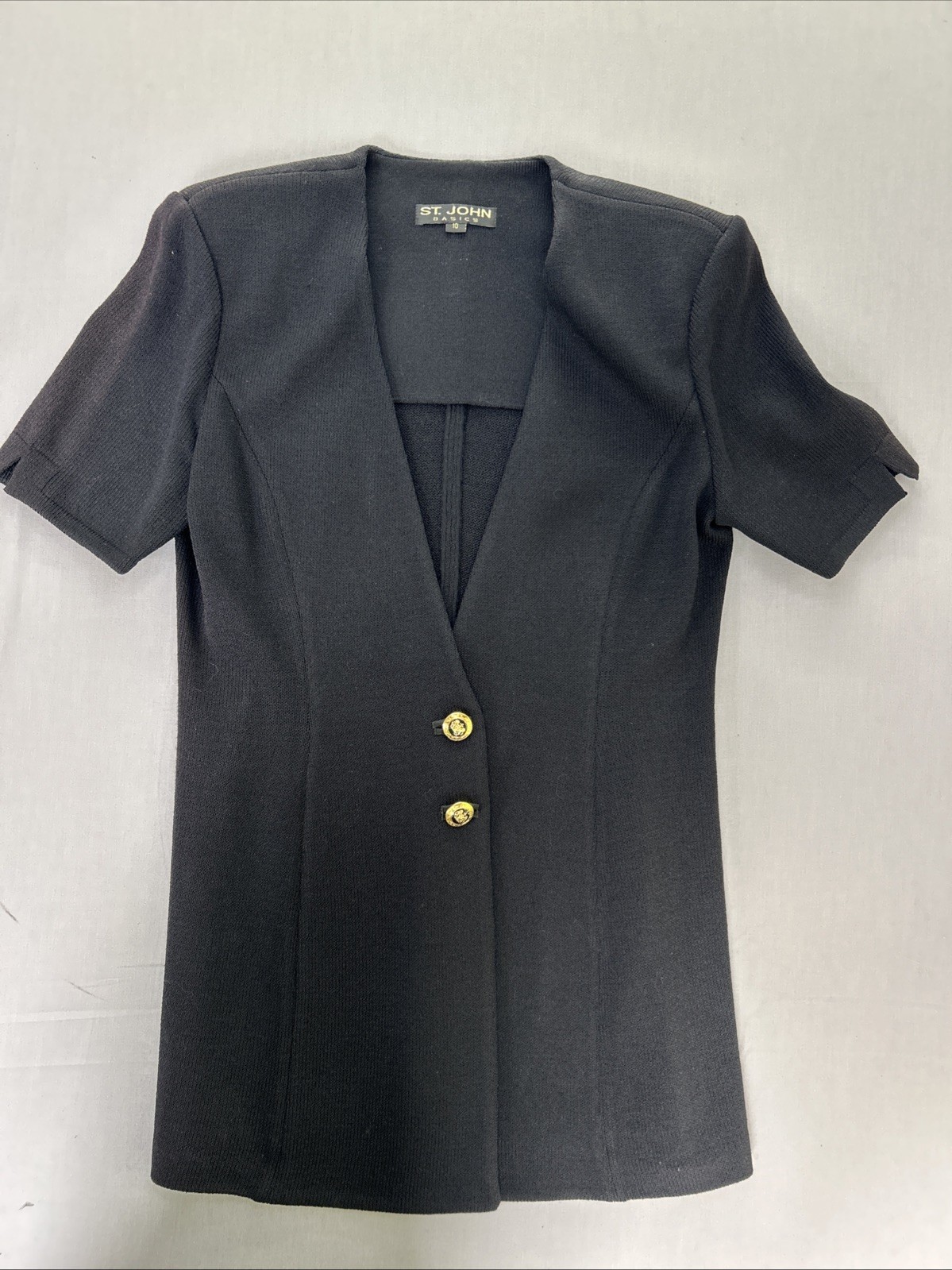 St. John Knit Short-Sleeve Tunic Jacket Black W Gold Buttons Women’s 10