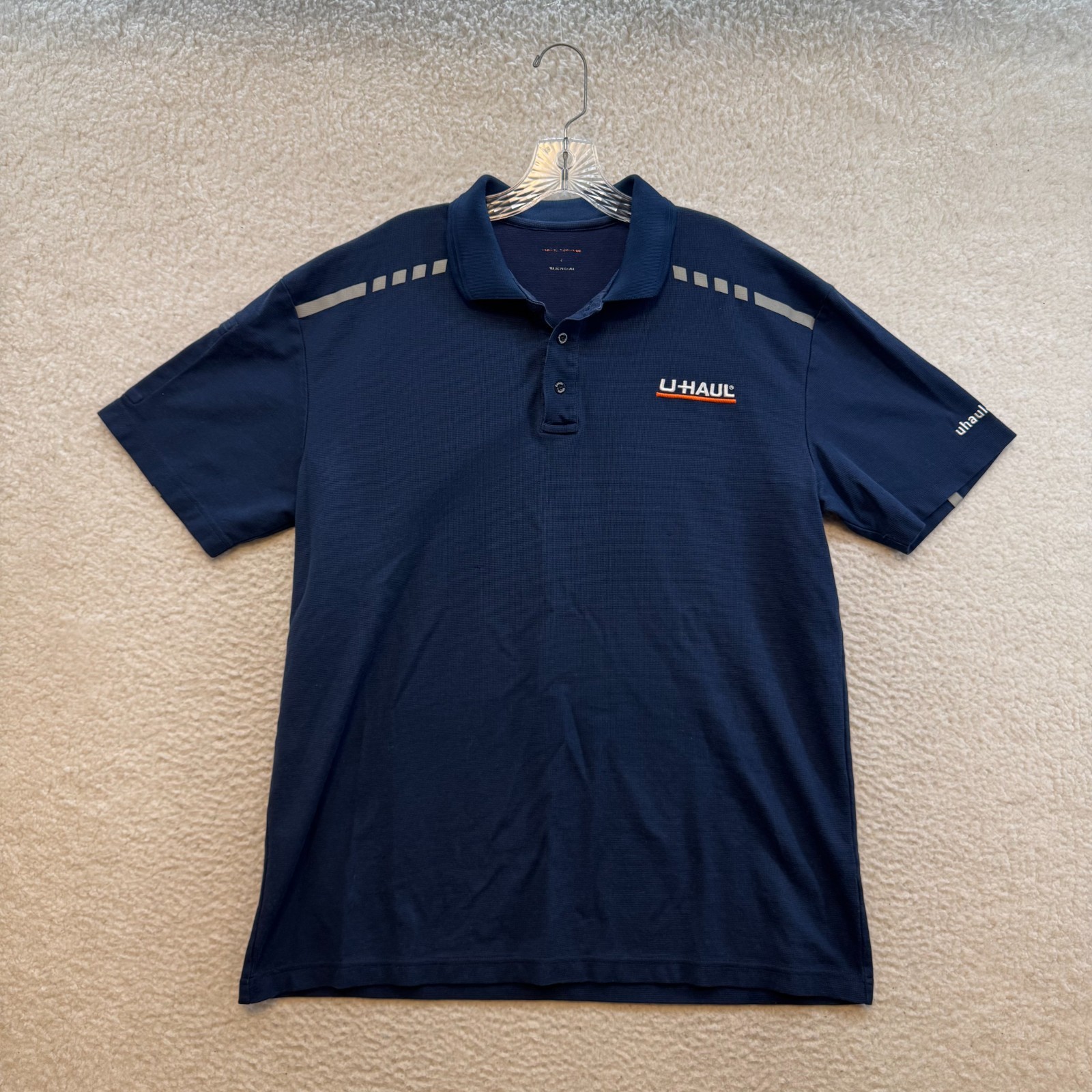U-Haul Polo Shirt Large XL Mens Navy Blue Employee Work Uniform Reflective