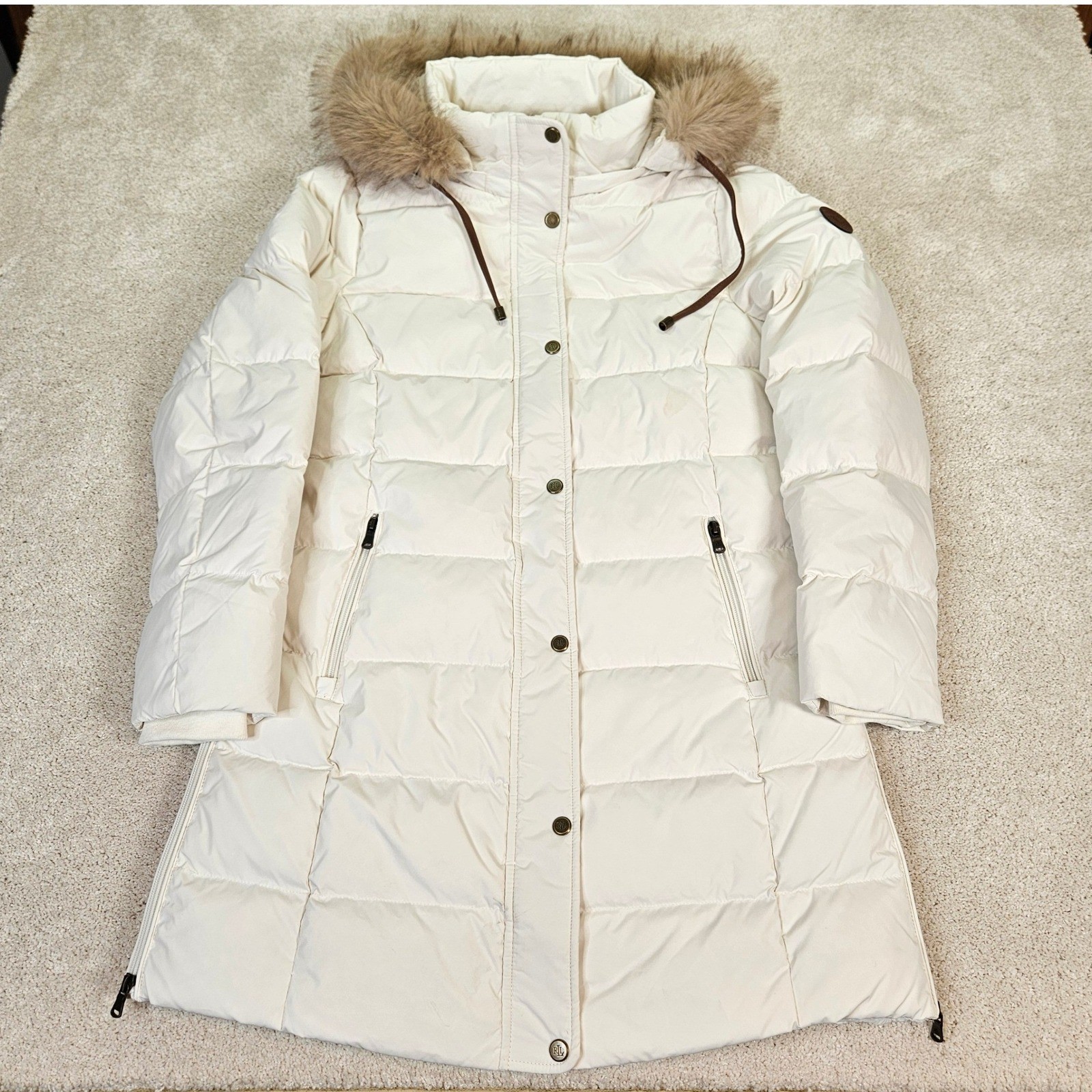 Lauren Ralph Lauren Heritage Down Feather Fill Puffer Faux Fur Trim Hood Size M