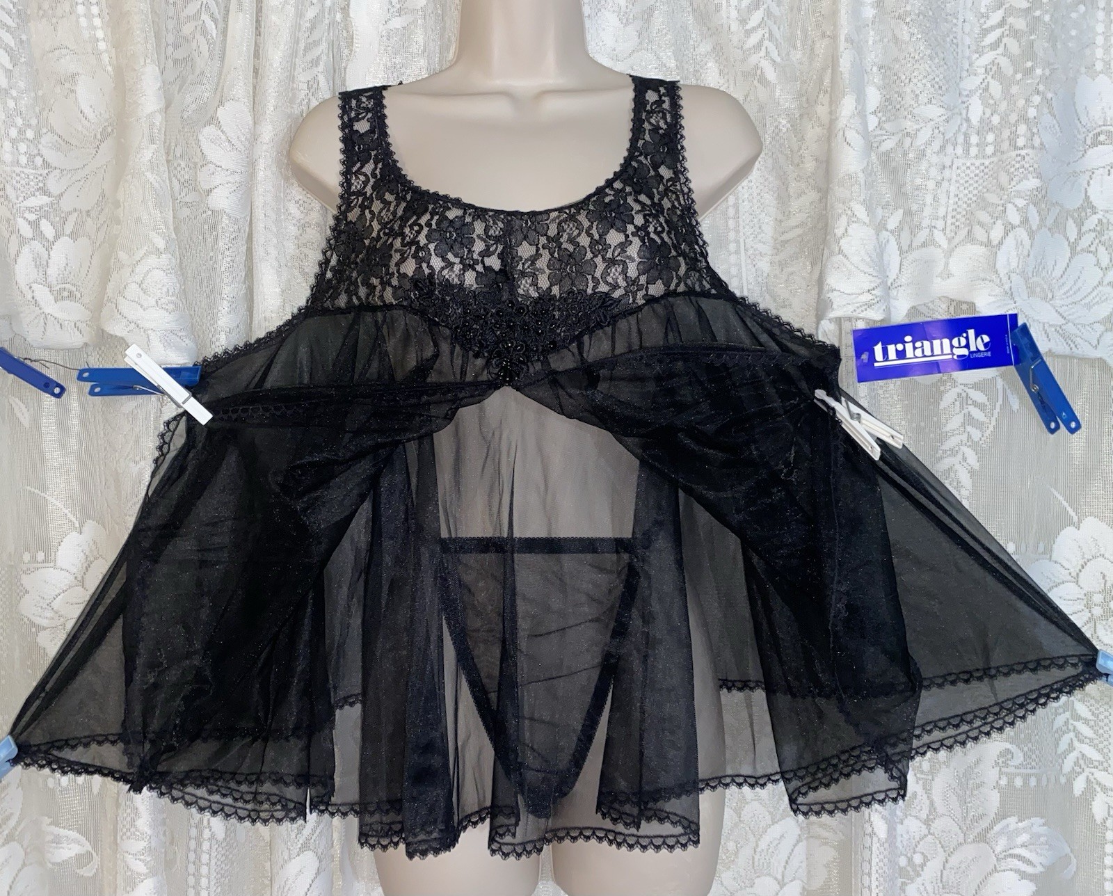 VTG NWT 1X Black Fancy Full Sheer Db Chiffon Babydoll Nightgown w Panty SET USA