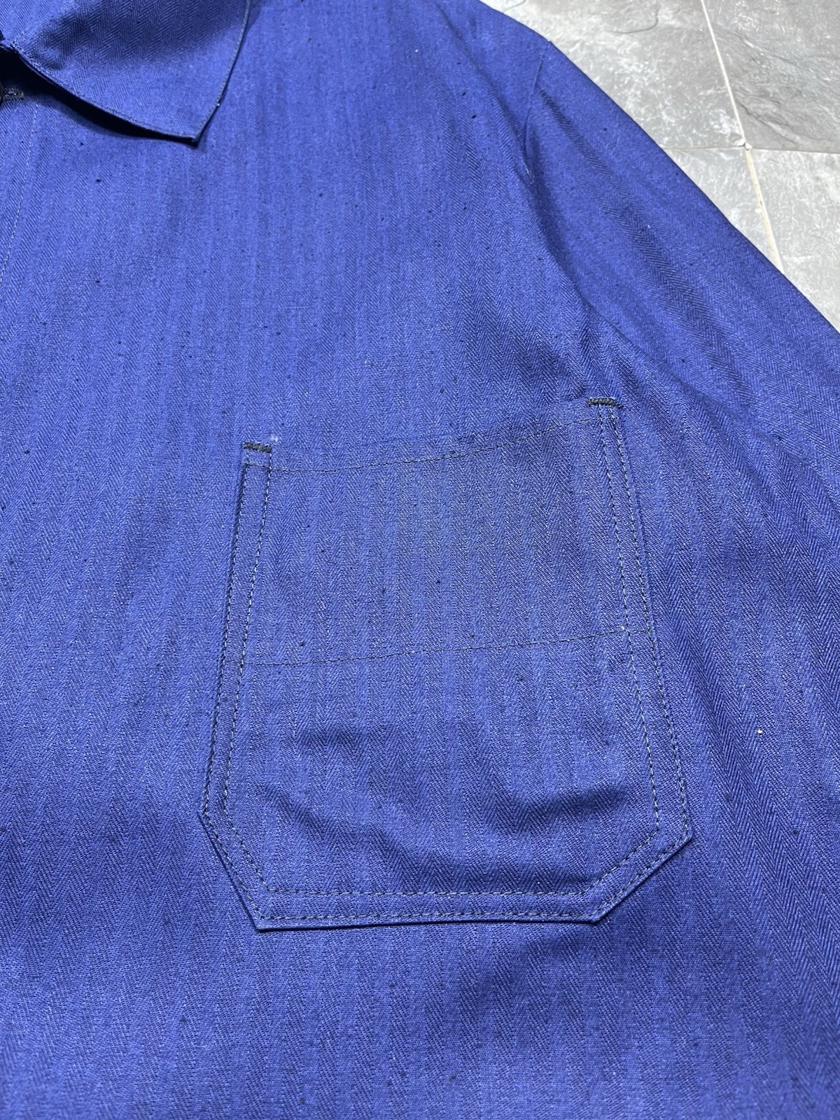 Vintage German French Work Jacket Herringbone Blue Chore Sanfor Size 54 L XL 80s