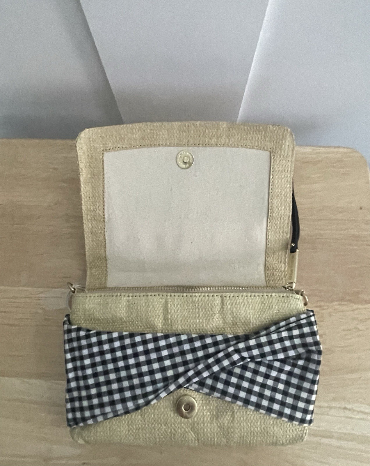 Abbie Emmie Beige Gingham Bow Crossbody Bag Detachable Chain Strap Snap Zip
