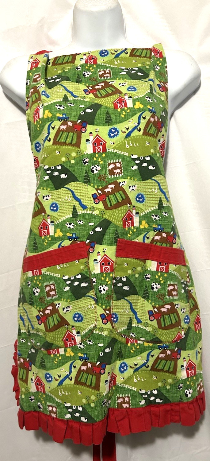 Homemade Bib Apron Country Cottage Barnyard Cows Pigs Ducks Chickens Reversible