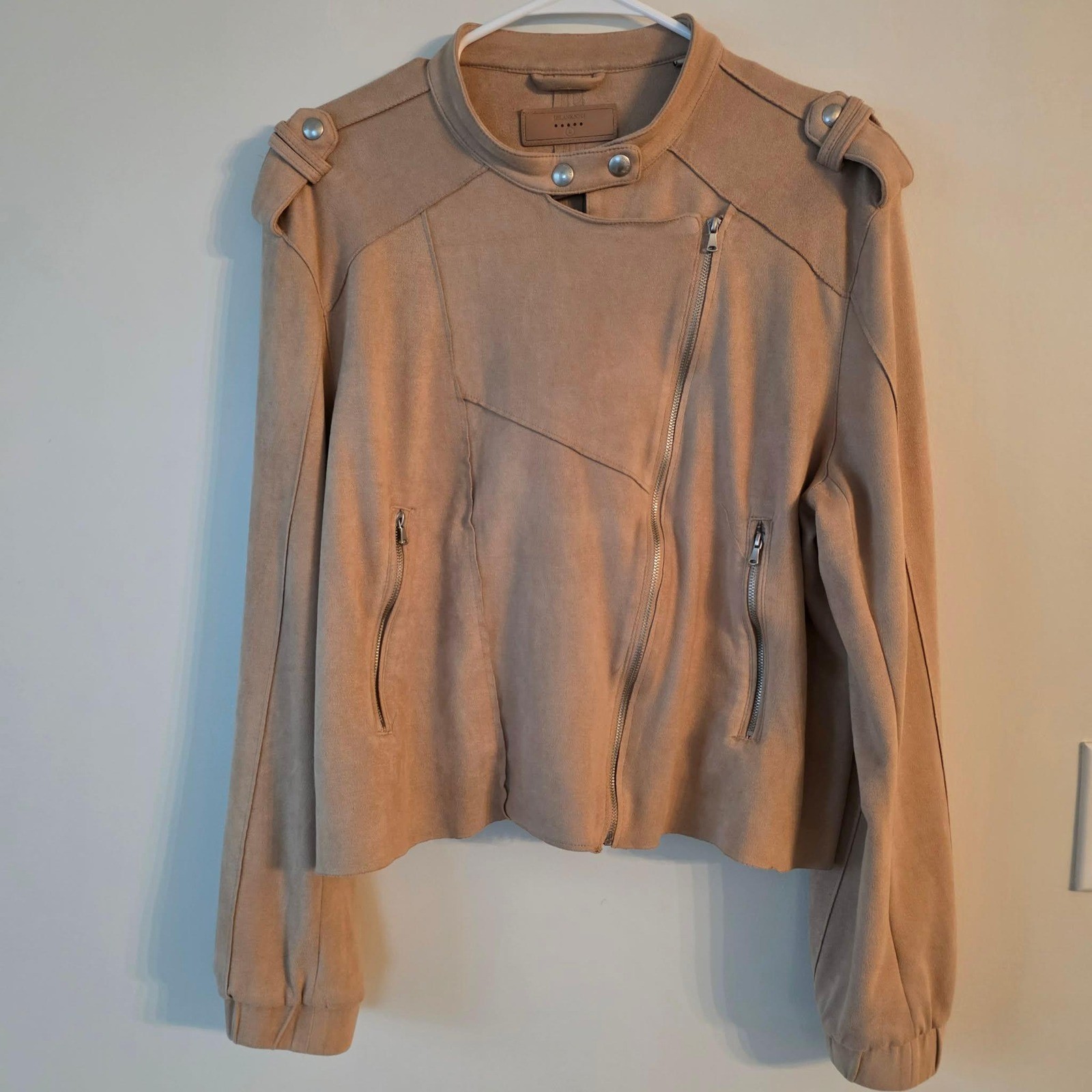 BlankNYC Faux Suede Moto Jacket Large Tan Beige Asymmetrical Zip Biker