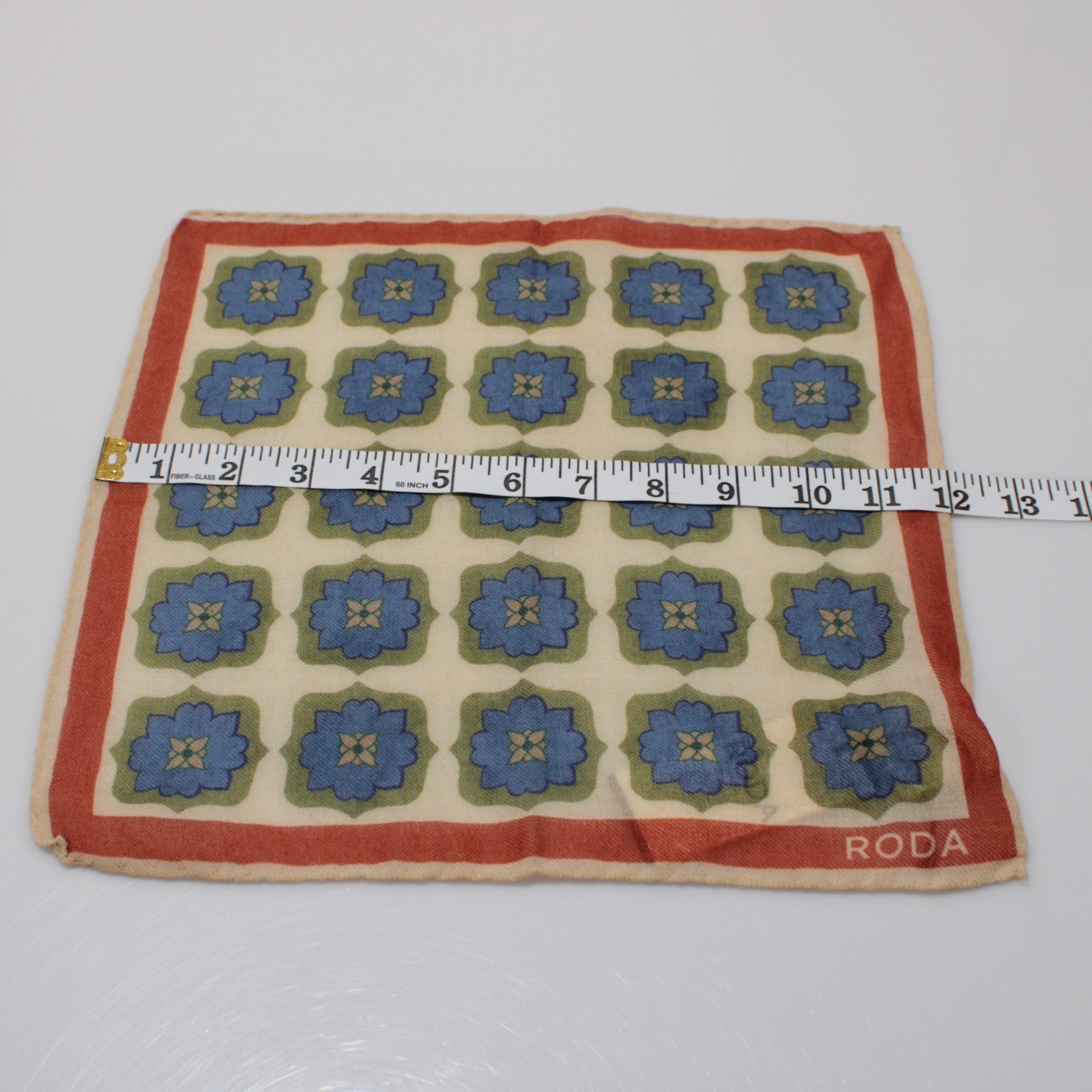Roda NWT 100% Wool Pocket Square Orange / Ivory / Blue / Green Geometric Print