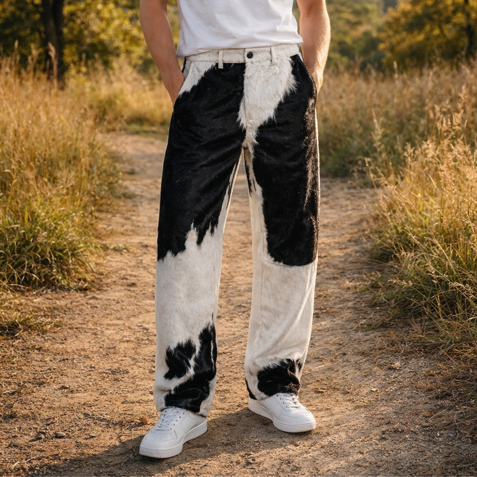 Men’s Natural Hair-On Cowhide Leather Pants – Genuine Western Style