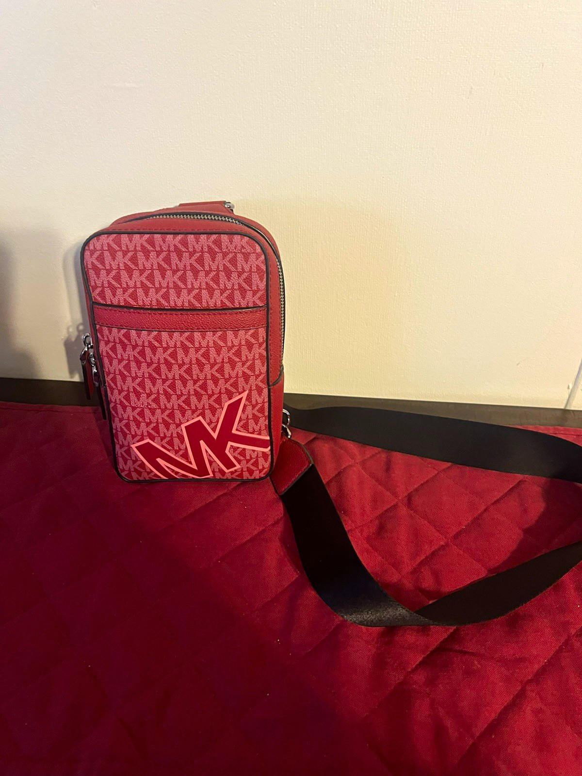 Michael Kors Logo Pattern Zip Small Crossbody Bag Red Black Silver Hardware