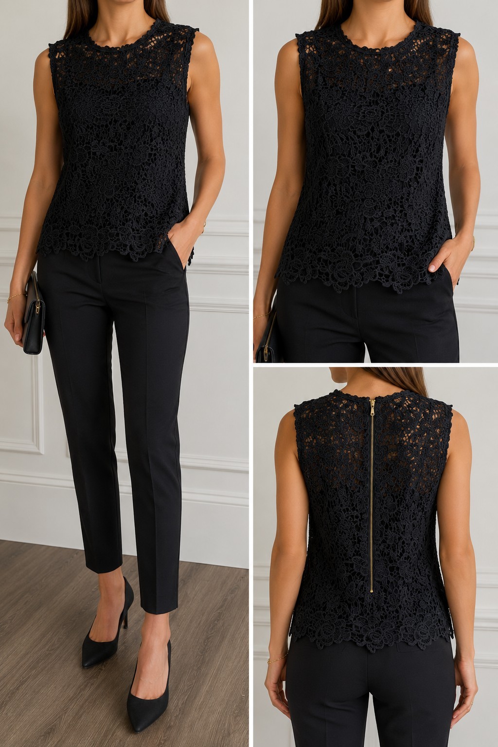 Nanette Lepore Black Floral Lace Sleeveless Round Neck Top Full Zip Back