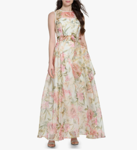ELIZA J Ivory Floral Print Sheer Yoke Organza Belted Tie Ball-Gown Maxi 2 = XS