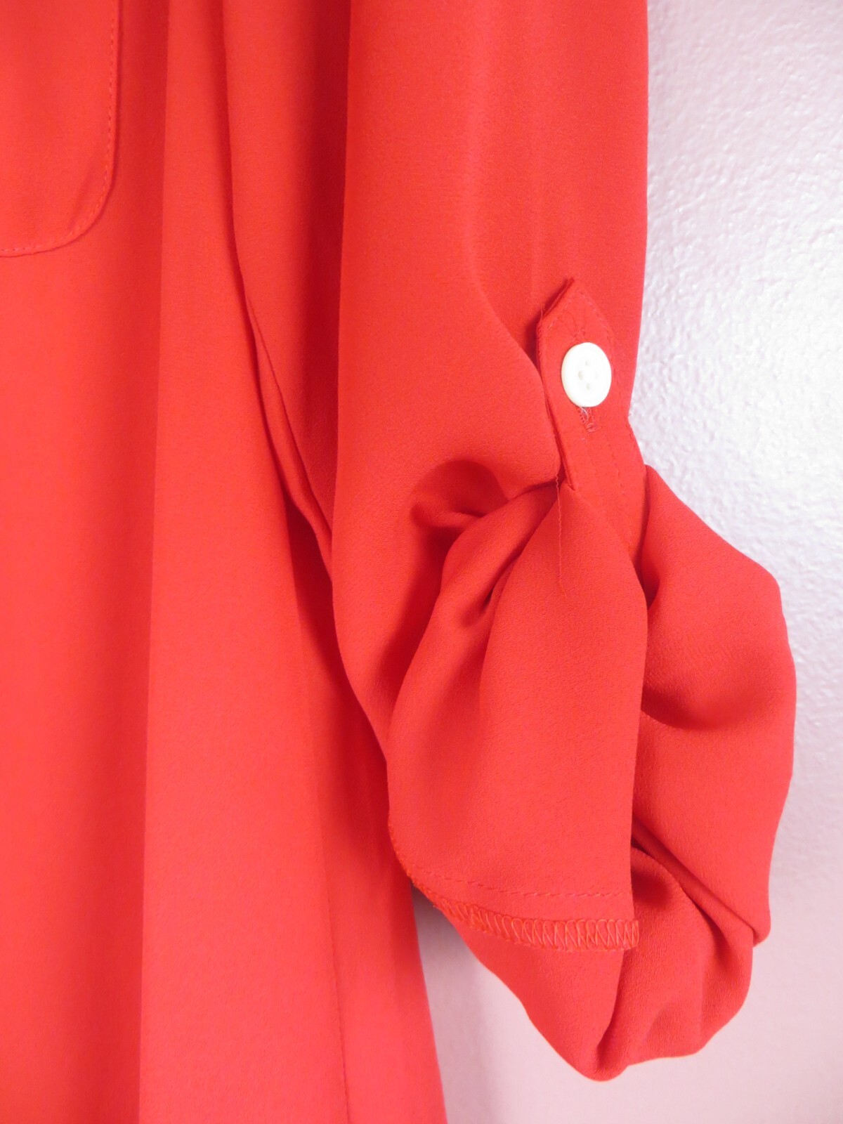 LOFT Women Slippery Comfy Polyester Blouse 2-Way Long Sleeve Pocket Deep Red SP