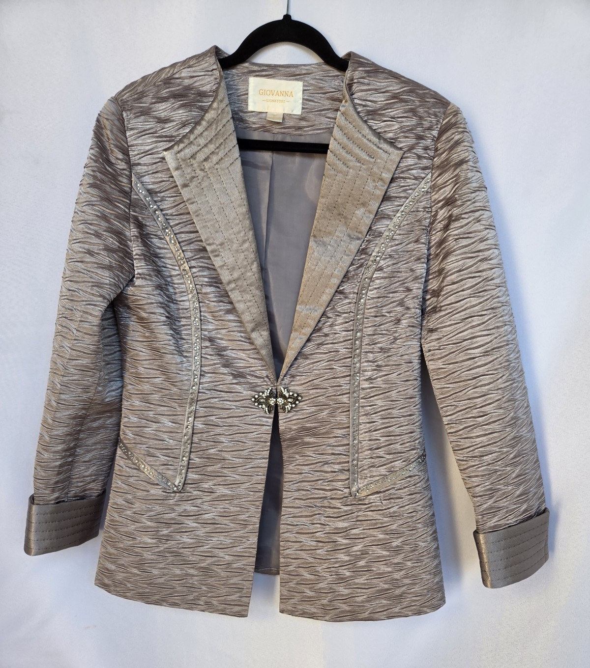 Giovanna Signature Women’s Gray Beaded Hook & Eye Lined Blazer Jacket Size 10