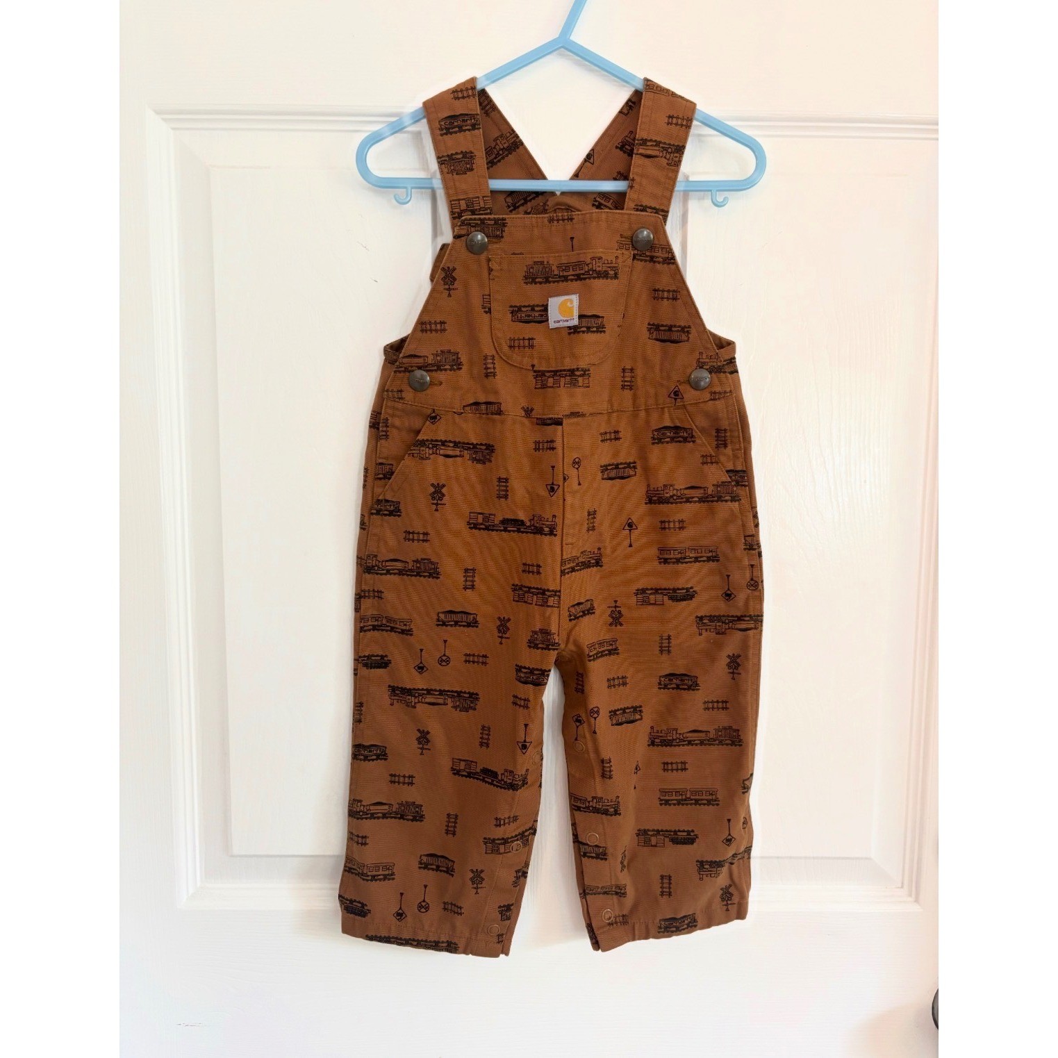 Carhartt Baby Boys 18M Brown Canvas Train Print Bib Overalls SD8872-B