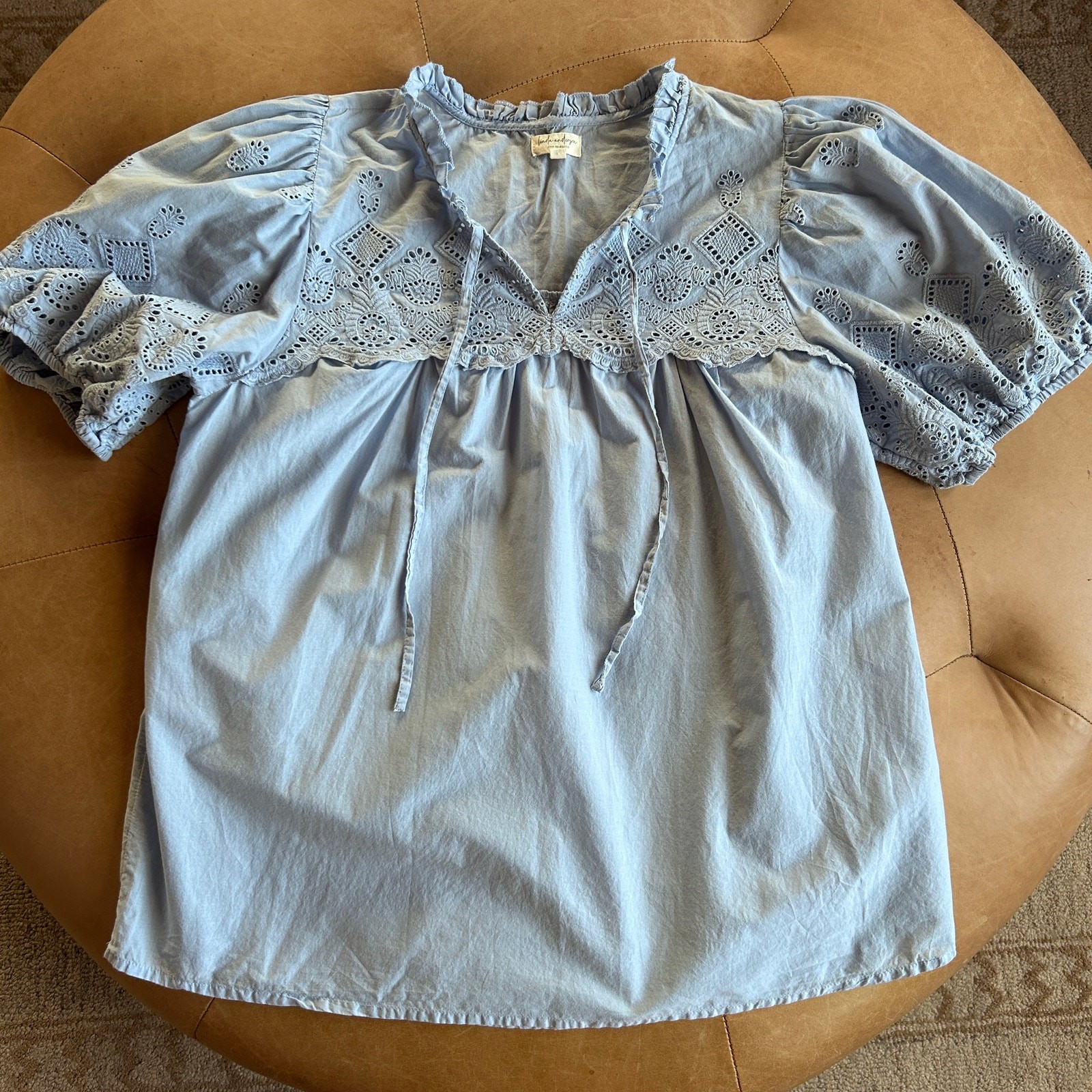 Cotton Eyelet Prairie Peasant Top Puff Sleeve Blue Romantic Cottagecore Blouse M