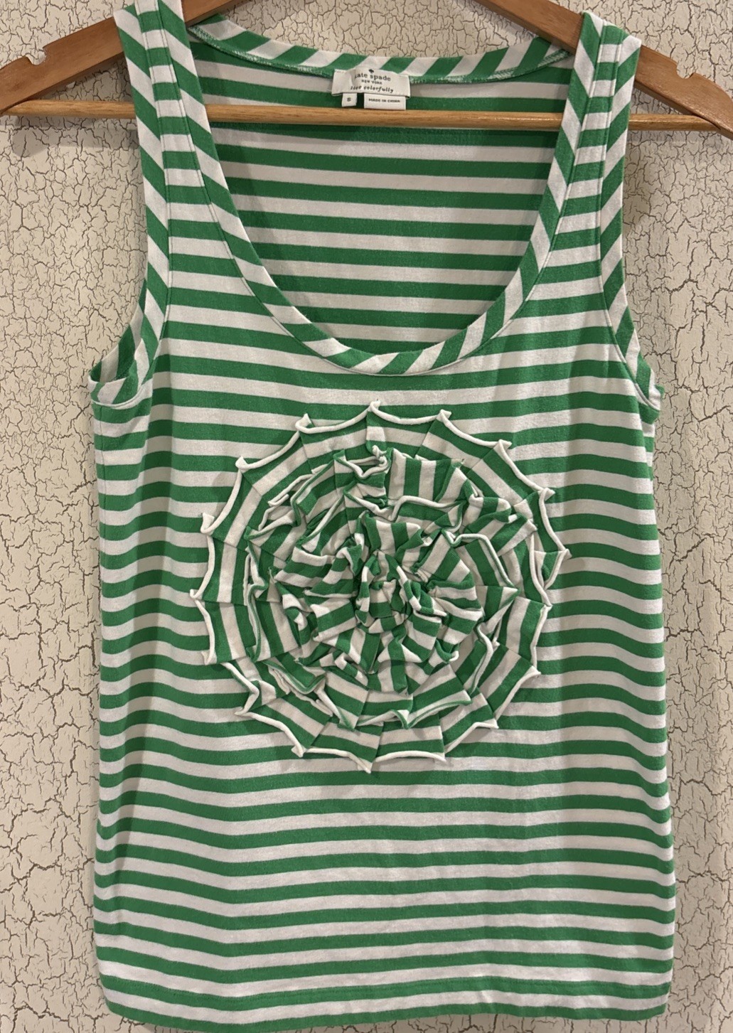 Kate Spade Top Womens Small Green White Stripe Stretch Knit Cotton Tank T-shirt