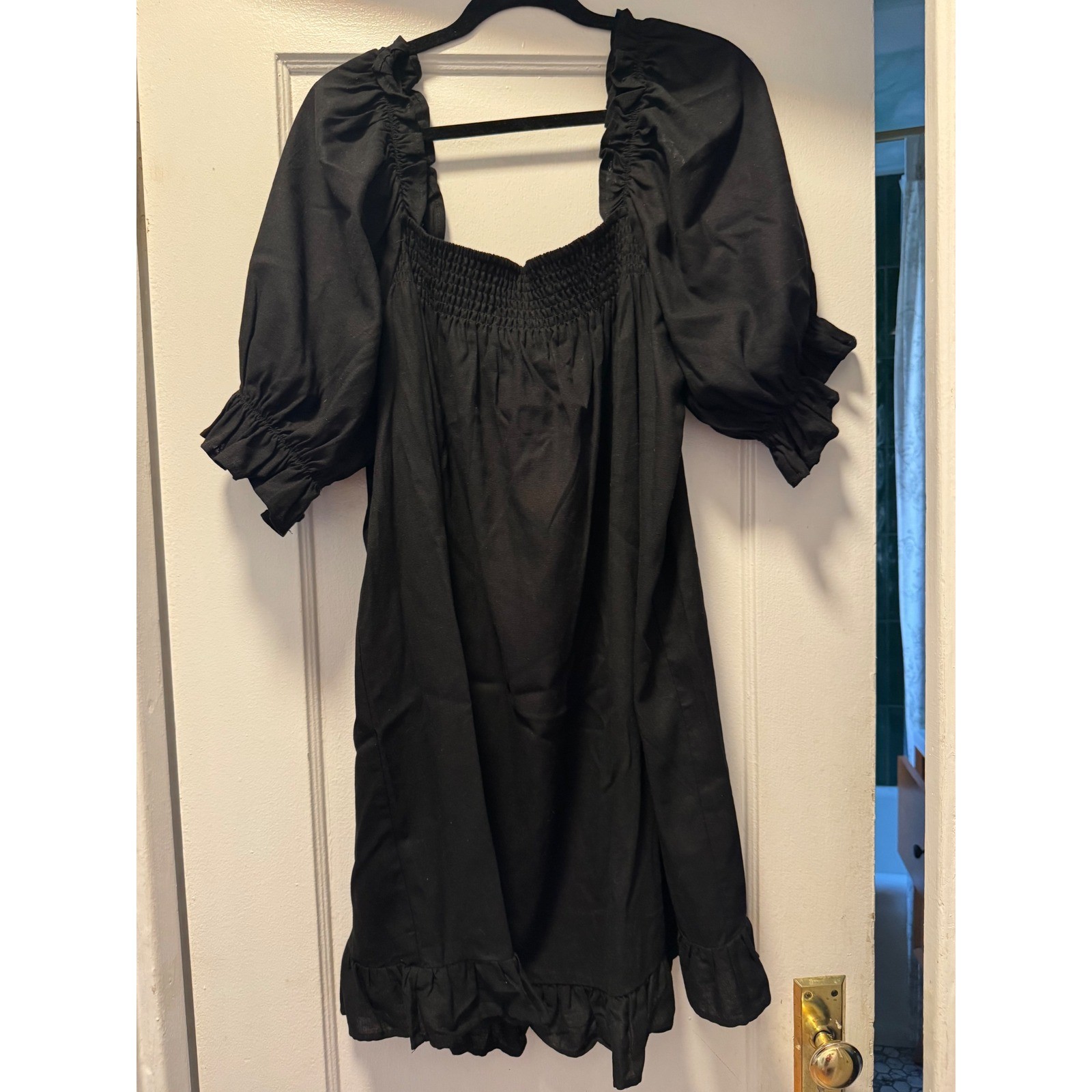 Eloquii Black Linen Blend Smocked Puff Sleeve Ruffle Mini Dress Plus Size 18/20
