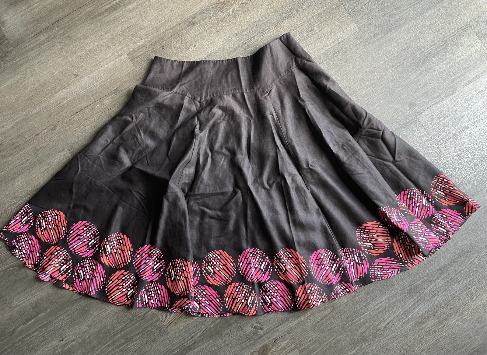Madison Womens Brown Flowy A Line Midi Skirt 16 Boho Artsy Abstract Circle Print