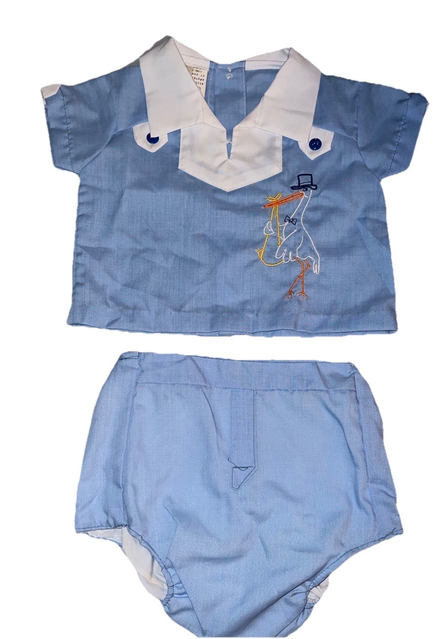 Vintage Baby Boy 2 Pc Easter Set 0-6 Mo Shirt & Plastic Lined Bottom Suit Stork
