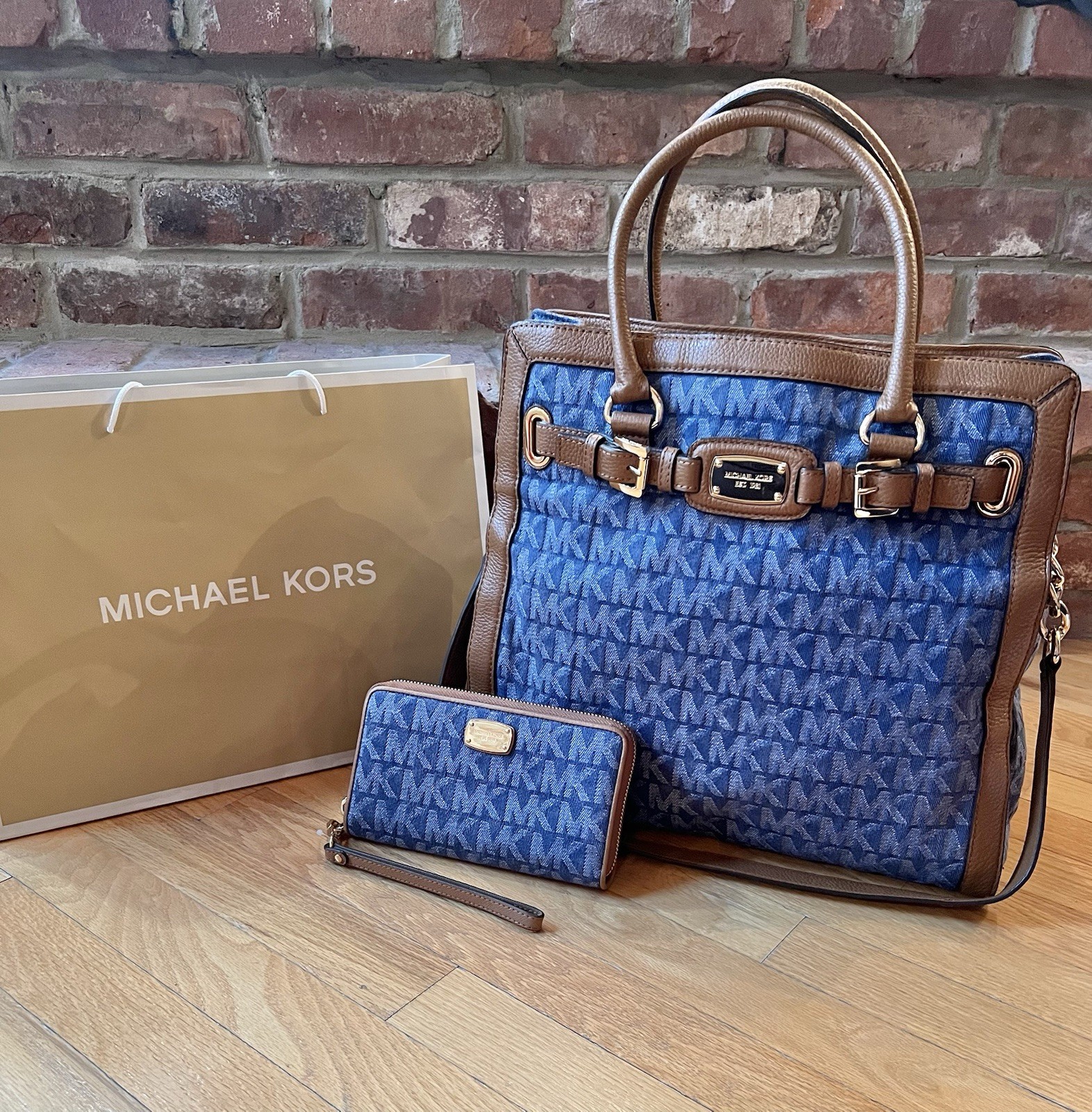 Michael Kors Large Hamilton Frame Out Monogram Denim Tote & Wallet Set