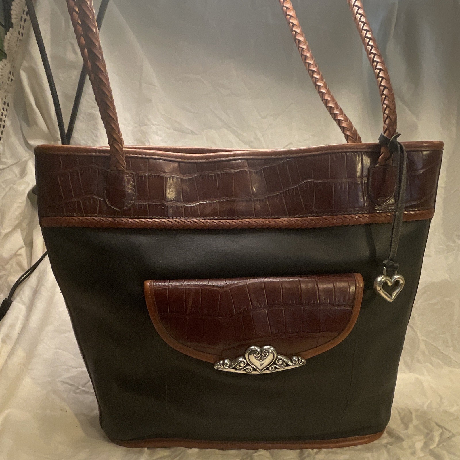 Brighton Black/Brown Embossed Tote Double Handles Magnetic Heart Charm Pockets