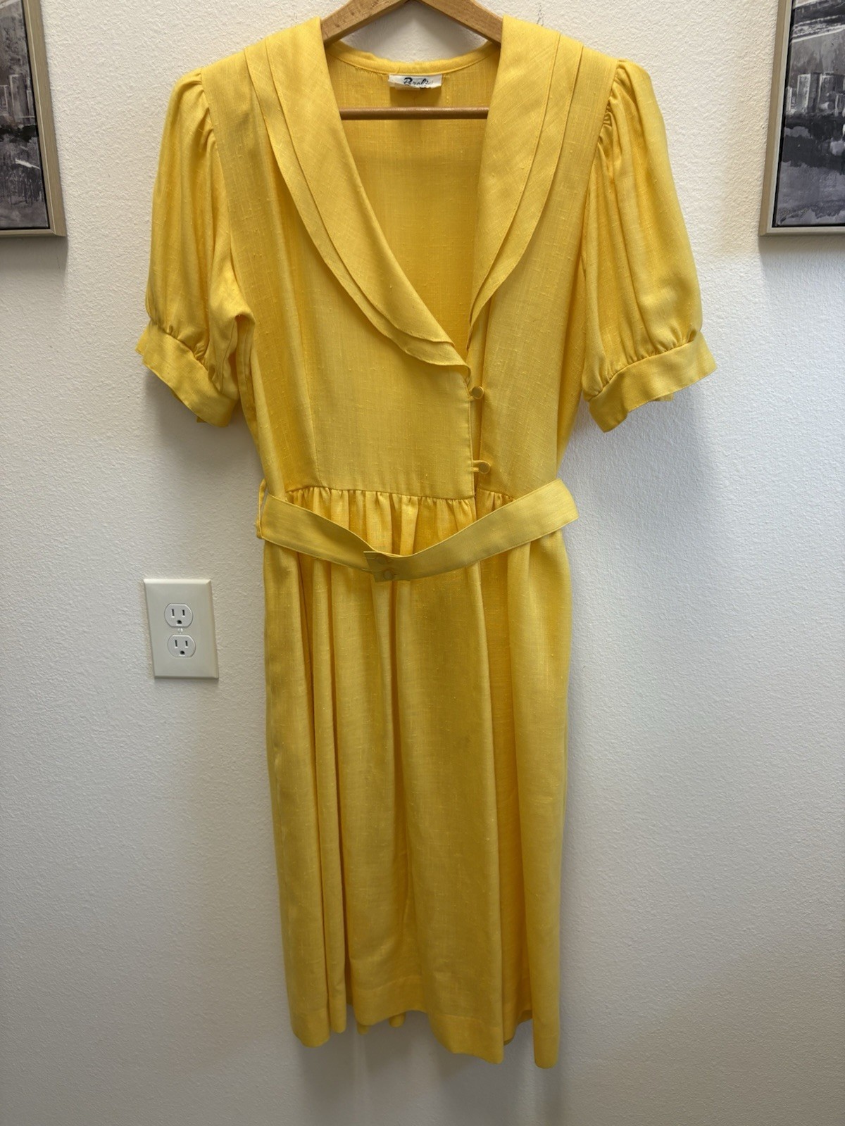 Breli Yellow Linen V-Neck Button Front Belted Puff Sleeve A-Line Dress S