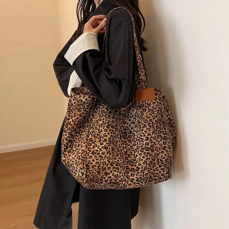 Vinatge Leopard Print Tote Bag Womens Large Canvas Shoulder Handbag Work Casual