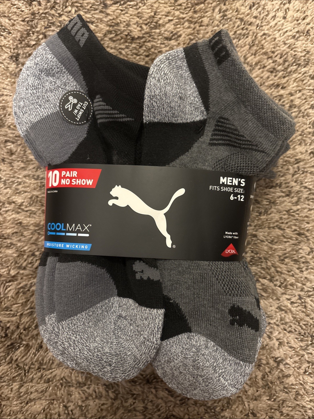 PUMA Men’s No Show Socks 10-Pair Pack Black/Gray, Shoes Size 6-12, Coolmax