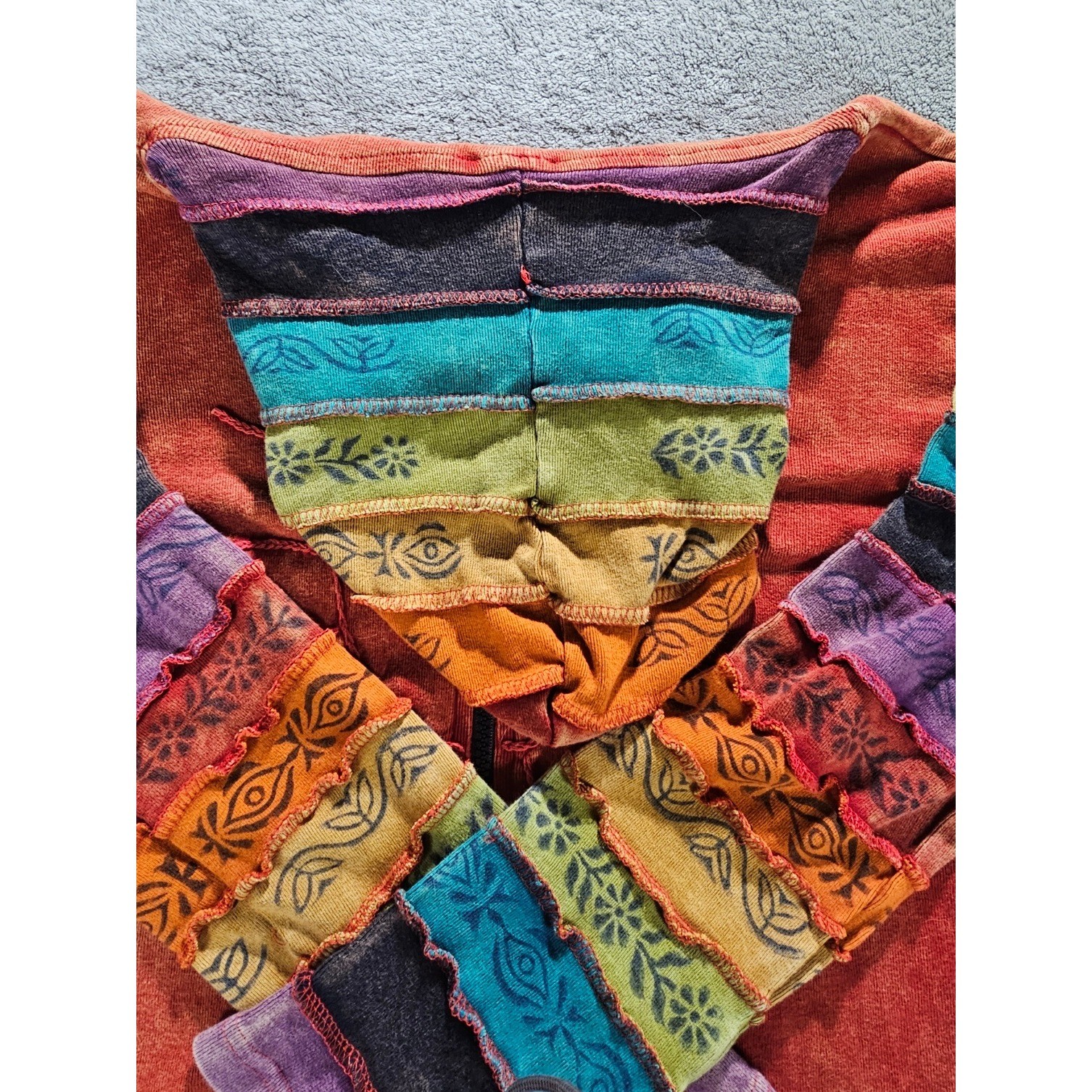 GreaterGood Boho Patchwork Zip Up Hoodie Sun Embroidery Nepal Jacket L/XL