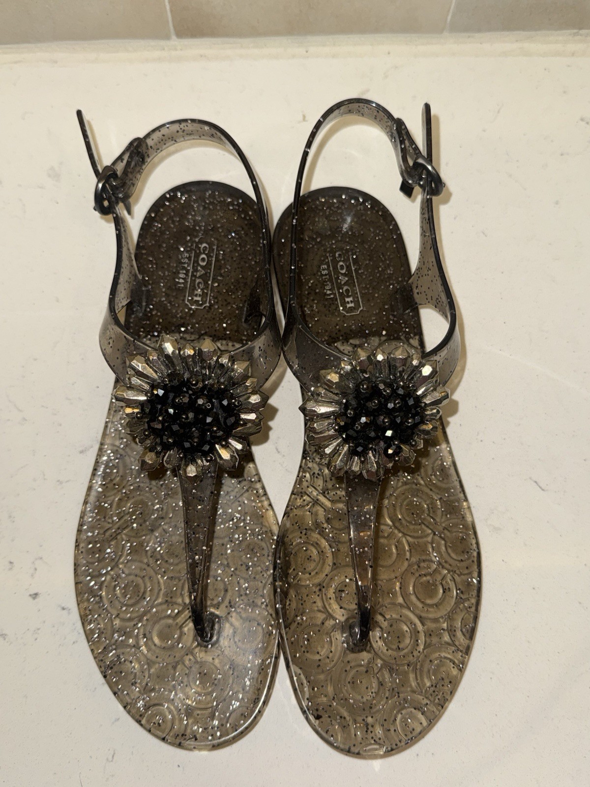 Coach Hilda Jelly Sandals Size 9 Black Embellished Glitter Designer Resortwear