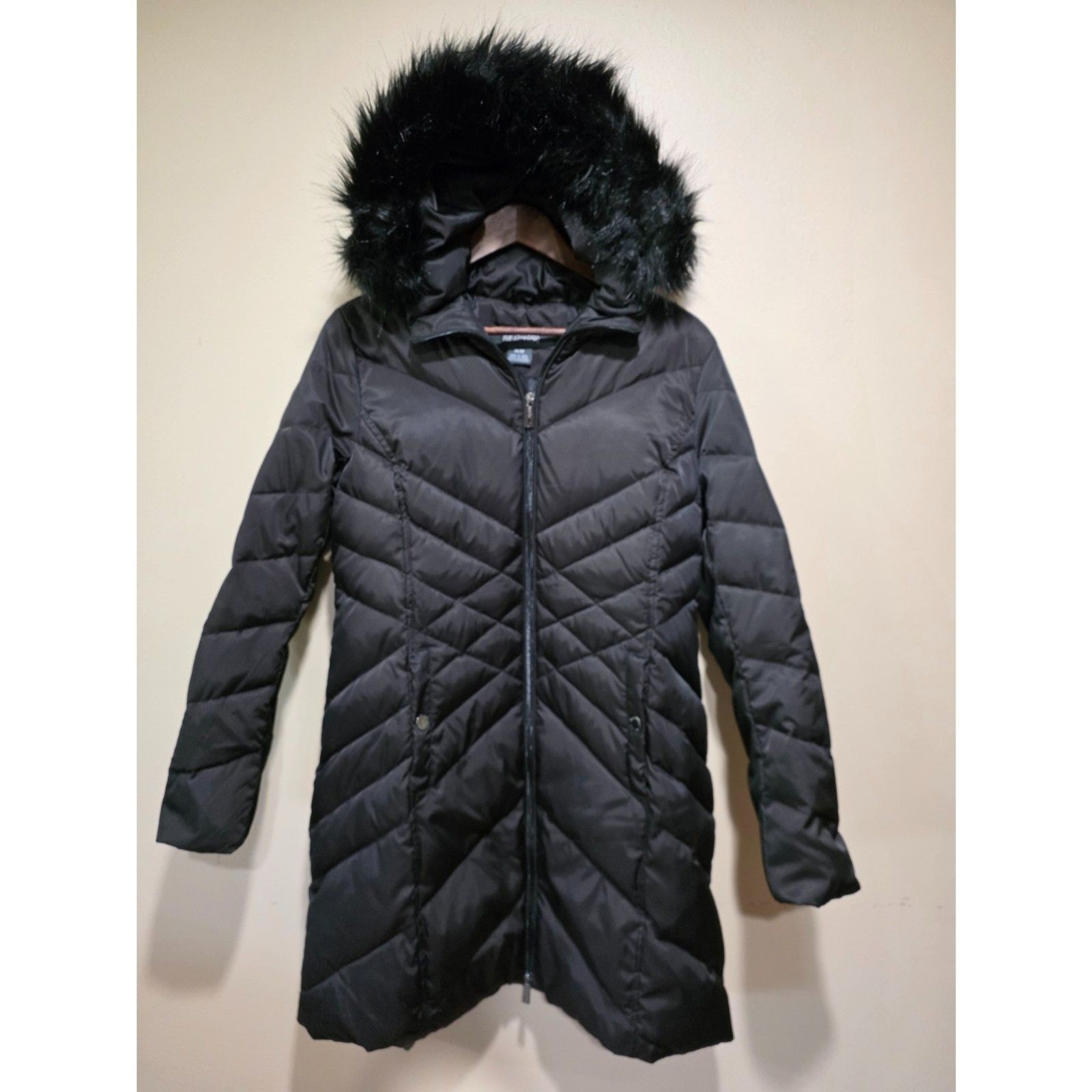 Kenneth Cole Reaction Black Down Puffer Coat Faux Fur Hood Medium M