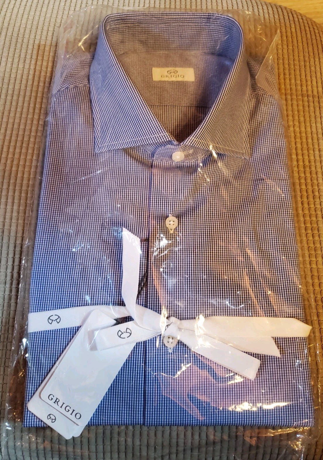 Grigio NWT Dress Shirt Size 17 1/5 44 Blue Gingham 100% Cotton NEW W/Tags