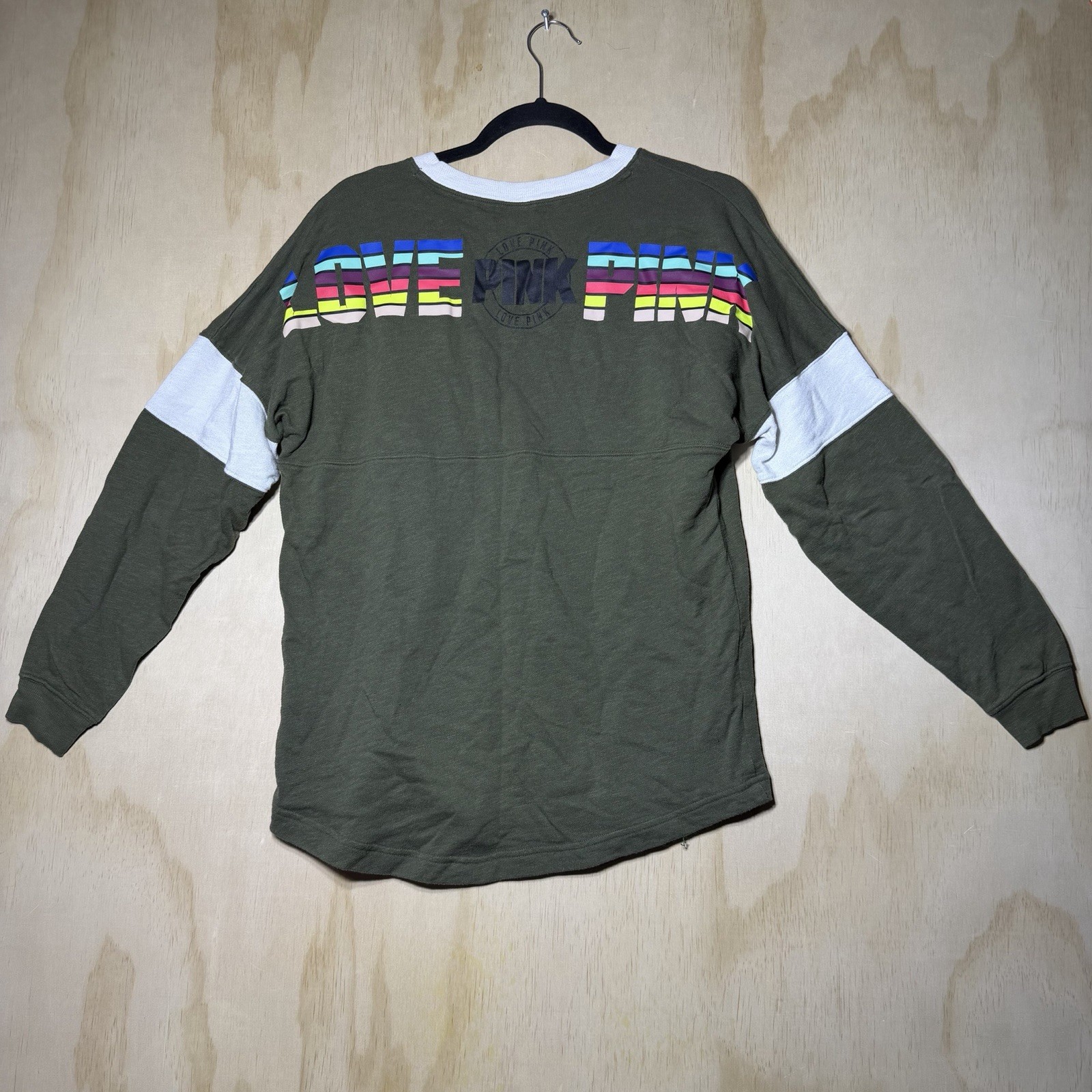 PINK Victoria’s Secret Olive Green Long Sleeve V Neck Top Rainbow Logo S