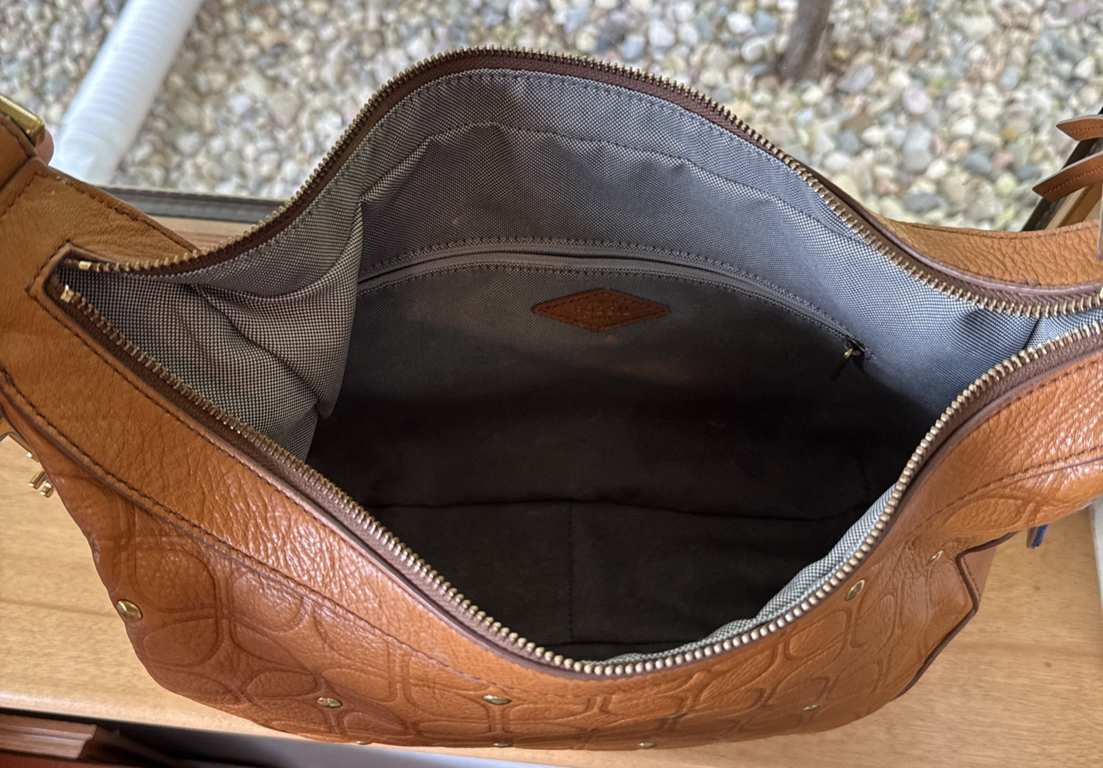 Fossil Hannah Signature Hobo Shoulder Bag Camel Tan Embossed Leather Brass