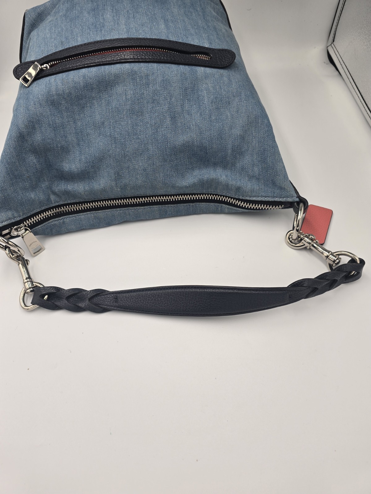 COACH 91452 Abby Duffle Shoulder Bag Light Blue Denim Navy Leather Trm Coral Int
