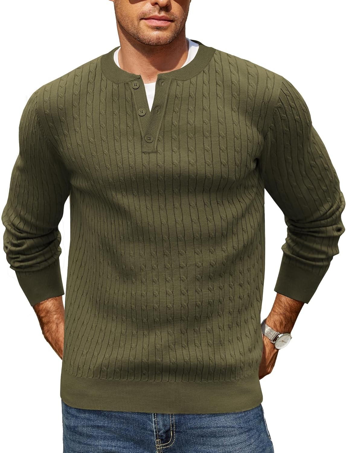Coofandy Sweater Soft Fashion Mens Knit Henley Long Sleeve Button Down Fall