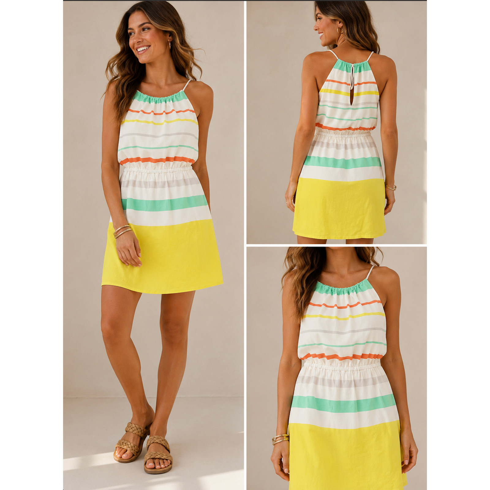 Gianni Bini Elle Striped Mini Dress Rope Spaghetti Straps Cinched Waist Sz Sm