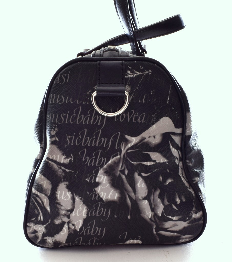 L.A.M.B. Caligraphy Roses LOVE ANGEL MUSIC Small Black White Duffle Bag EUC