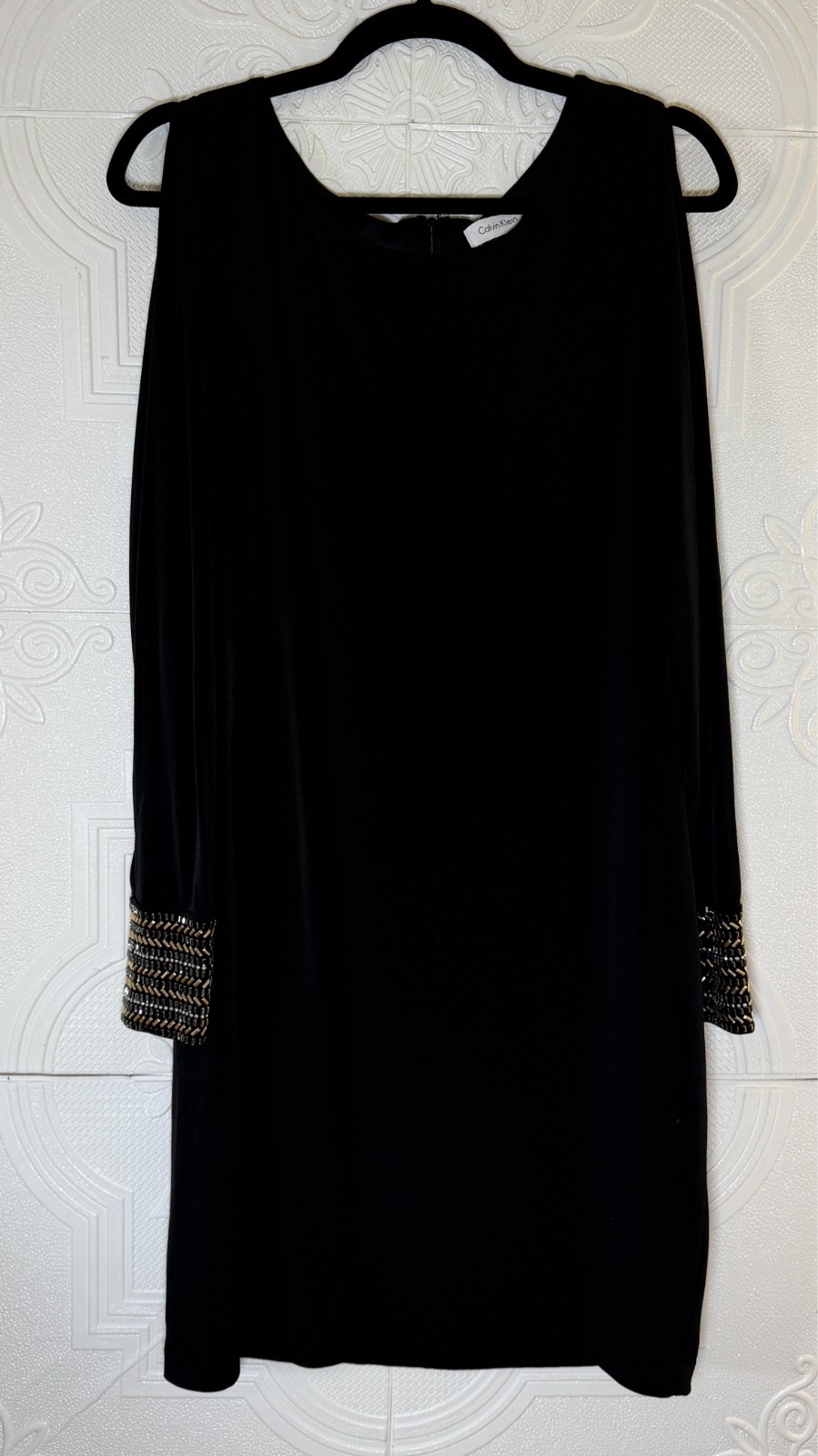 Calvin Klein Womens Sz 14 Black Dress L/S Slit Sleeve Embellished Cuffs SKU 165