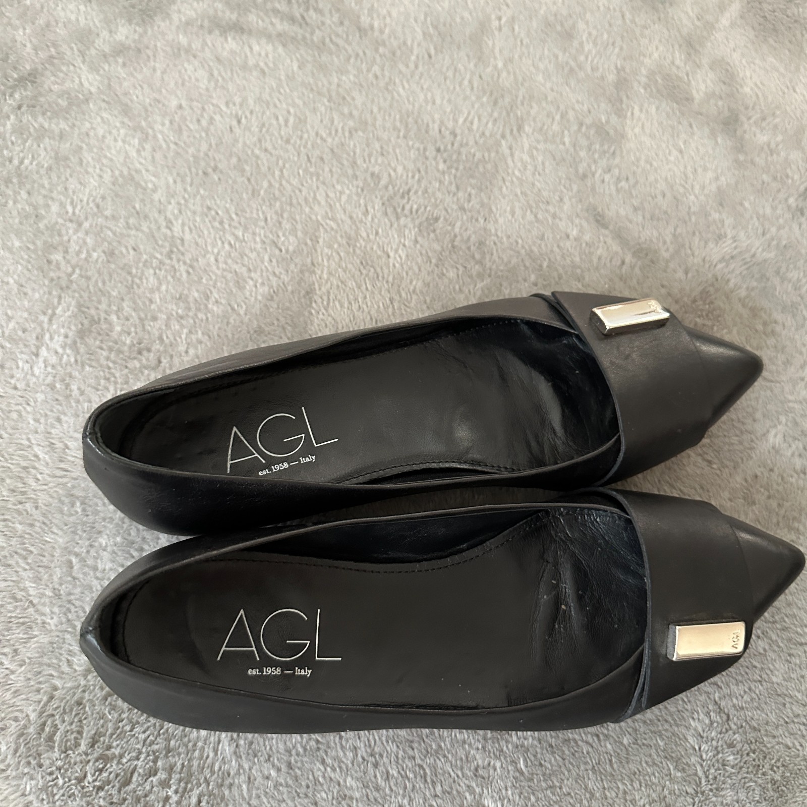 AGL Attilio Giusti Leombruni Black Leather Pointed Toe Ballet Flats Size EU 38