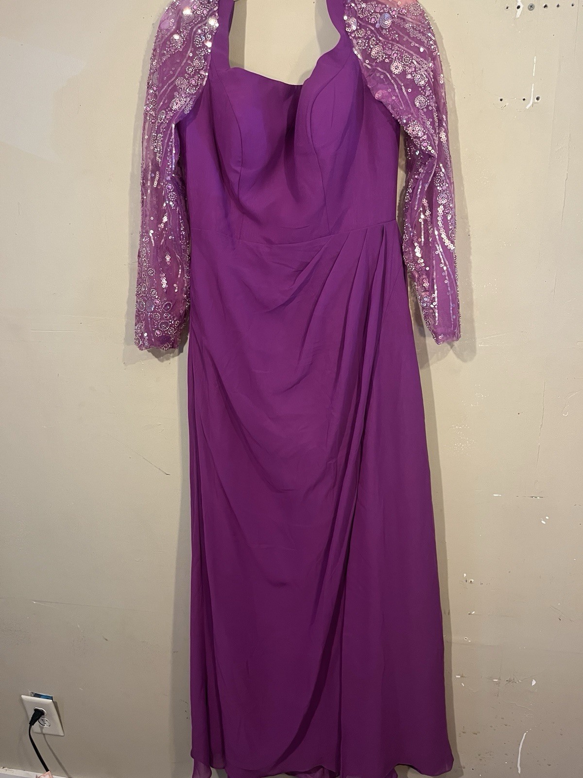 Da Vinci Purple Chiffon Bridesmaid Dress Long Sleeve Size 14 Style 55464